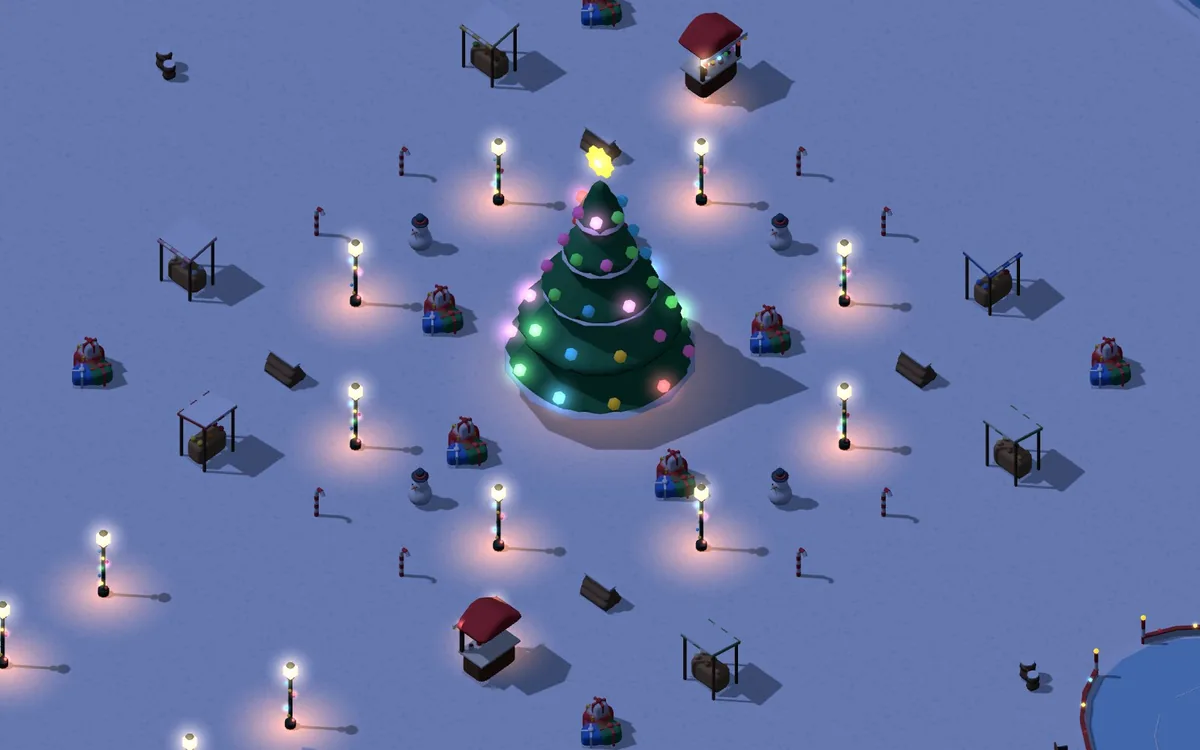 The Christmas Market map at night: a lit Christmas tree surrounded by lamps and gift piles