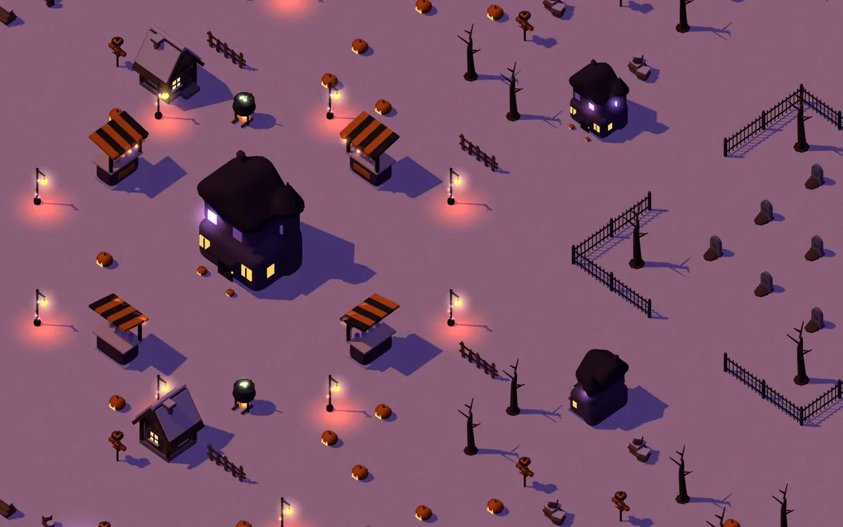 The Halloween Hollow map at night: a haunted house with glowing windows, candy stalls, cauldrons and a fenced graveyard