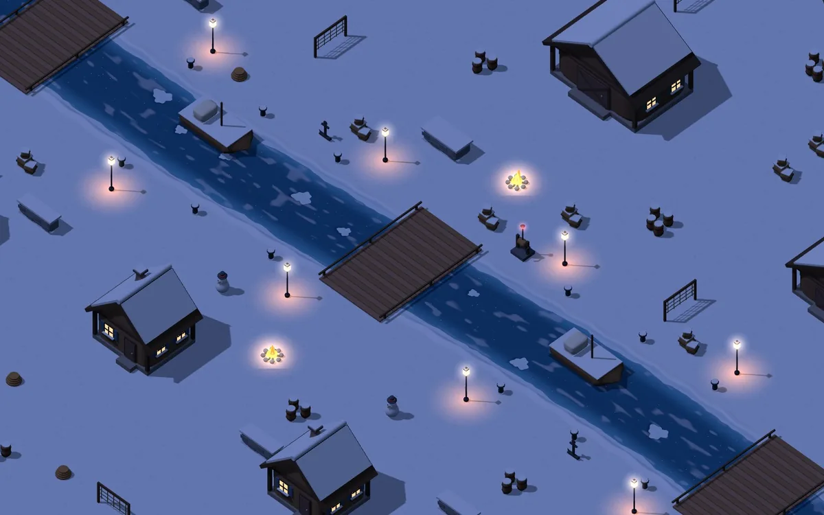 The Frozen Harbor map at night with a canal, bridges and warm-lit cabins
