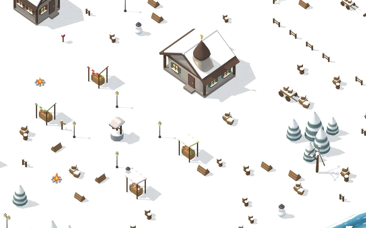 The Pine Village map with a church, snowy pines and market stalls